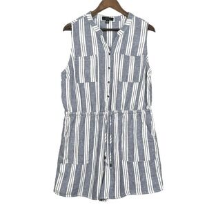 Kelly Renee Womens XL Blue White Striped Linen Blend Sleeveless Romper Pocket